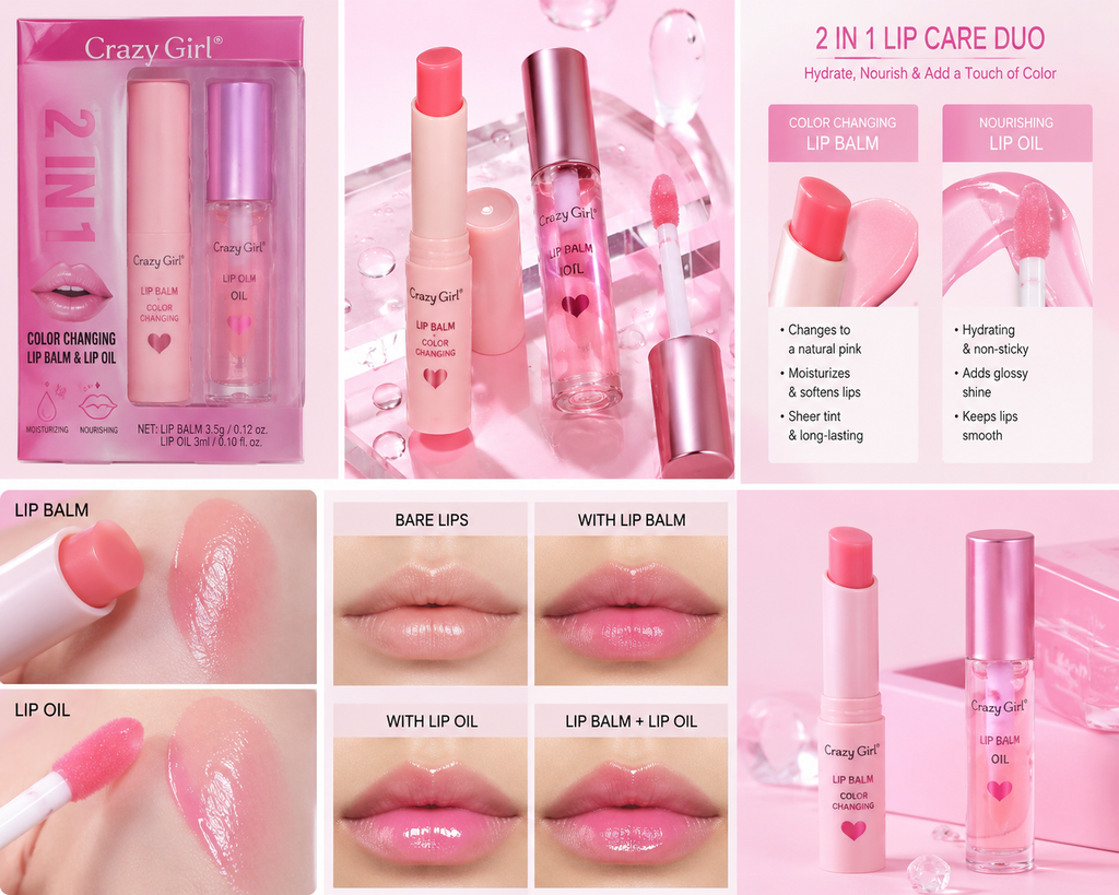 Crazy Girl 2 In 1 Color Changing Lip Balm & Lip Oil Set, Moisturizing Pink Lip Care Duo with Hydrating Gloss Finish