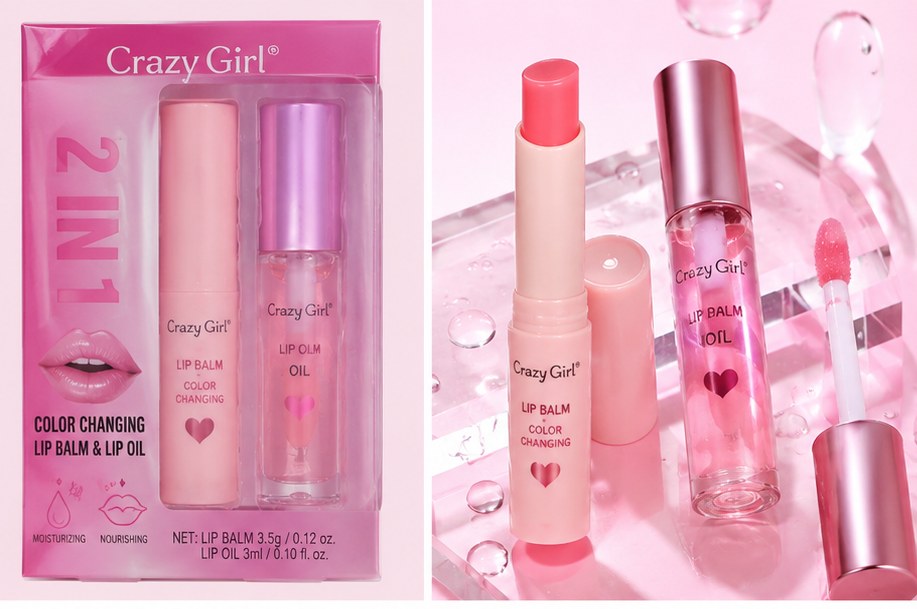 Crazy Girl 2 In 1 Color Changing Lip Balm & Lip Oil Set, Moisturizing Pink Lip Care Duo with Hydrating Gloss Finish