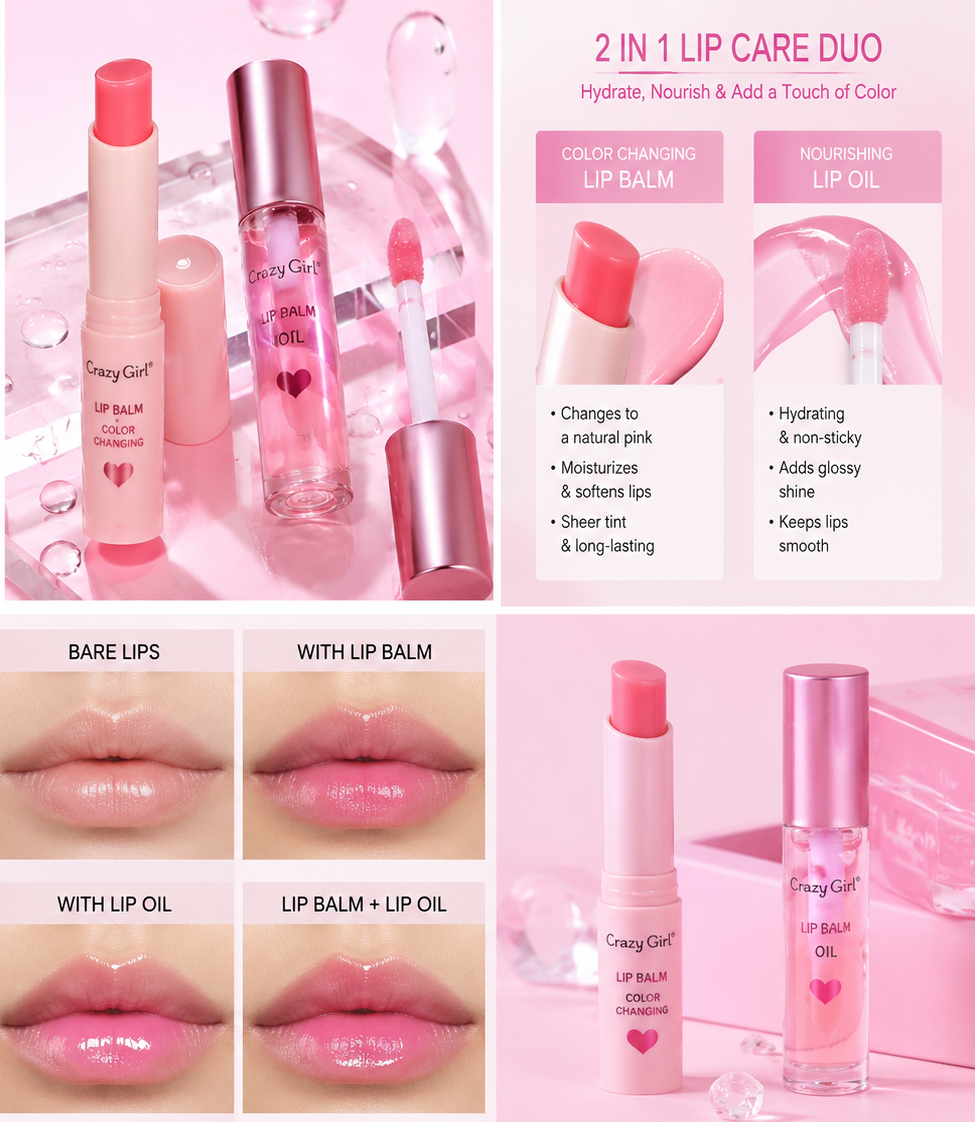 Crazy Girl 2 In 1 Color Changing Lip Balm & Lip Oil Set, Moisturizing Pink Lip Care Duo with Hydrating Gloss Finish