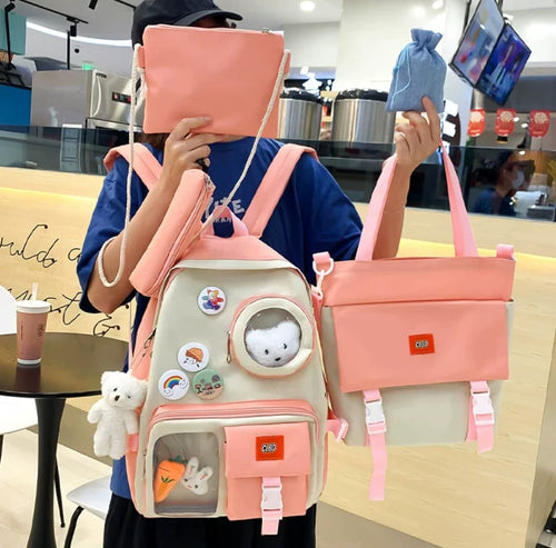 4 Set Backpack For Teenager Girl Waterproof High Capacity School Bags Female Student Cute BookBags
